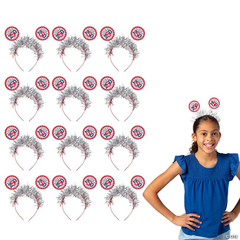 5 1/2" Patriotic Tinsel Headband & 250th Anniversary Head Boppers - 12 Pc.