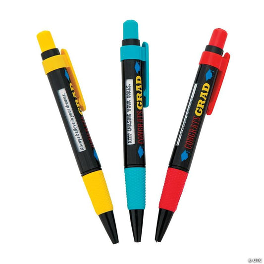 5 1/4" Congrats Grad Yellow, Blue & Red Plastic Message Pens - 12 Pc. | USA Decoration®