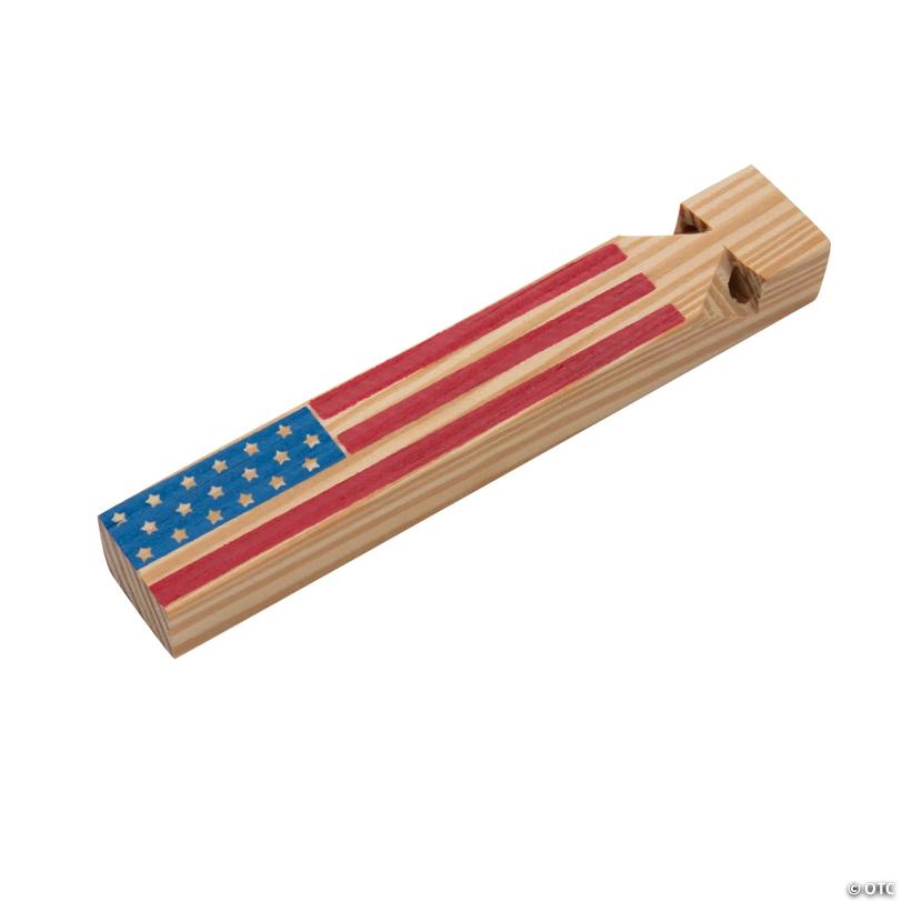 5 3/4" x 3/4" Patriotic U.S.A Flag Wood Train Whistles - 12 Pc.