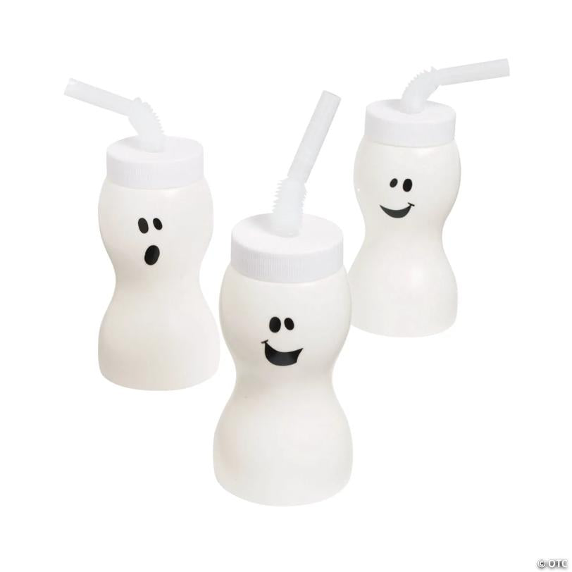 5" 8 oz. Molded Ghost Reusable BPA-Free Plastic Cups with Lids & Straws - 12 Ct.