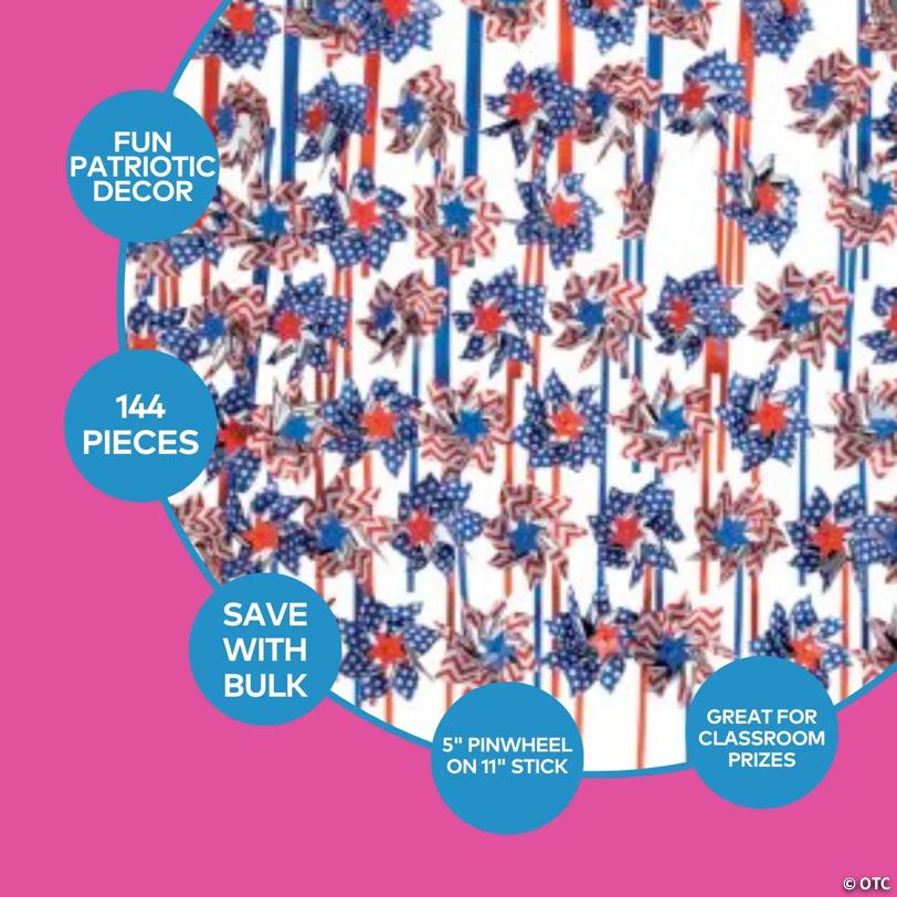 5" Bulk 144 Pc. Patriotic Red, White & Blue Plastic Pinwheels