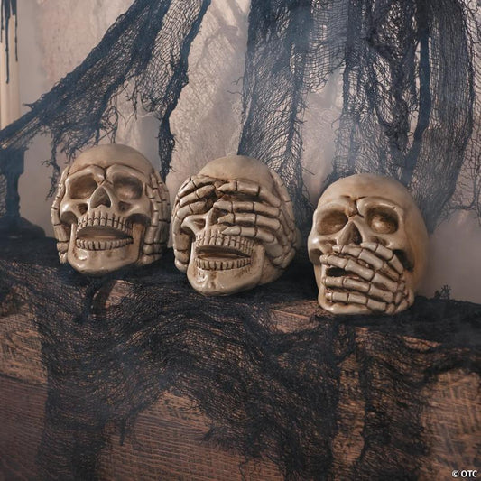 5" Hear No Evil, See No Evil, Speak No Evil Skulls Resin Halloween Decoration