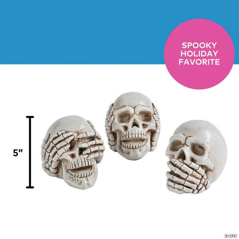 5" Hear No Evil, See No Evil, Speak No Evil Skulls Resin Halloween Decoration
