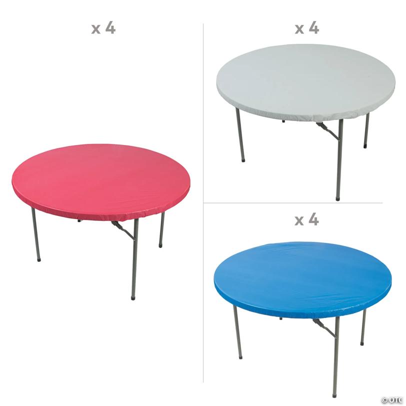 5 ft. Patriotic Red, White & Blue Round Fitted Disposable Plastic Tablecloths Kit - 12 Pc.