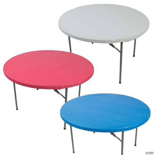 5 ft. Patriotic Red, White & Blue Round Fitted Disposable Plastic Tablecloths Kit - 12 Pc.