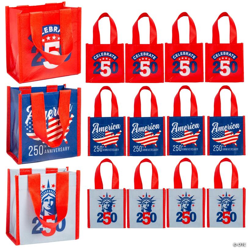 5" x 5" Mini Patriotic America 250th Anniversary Laminated Shopper Tote Bags – 12 Pc.