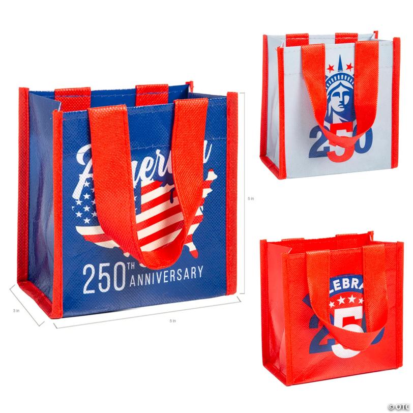5" x 5" Mini Patriotic America 250th Anniversary Laminated Shopper Tote Bags – 12 Pc.
