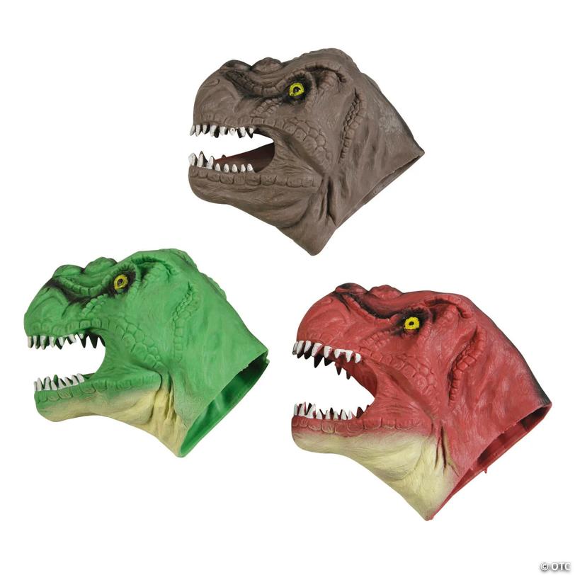 5" x 6 3/4" Red, Green & Brown Dinosaur Rubber Hand Puppets - 12 Pc.