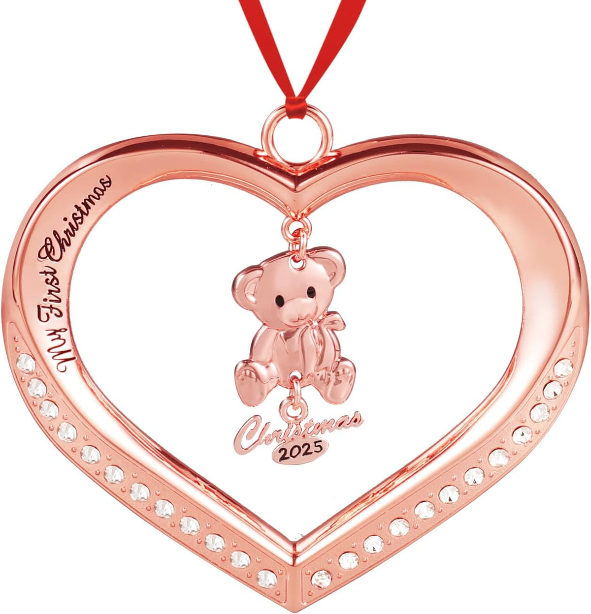 Baby's First Christmas Ornament 2026, Rose Gold Heart with Hanging Teddy Bear Christmas Ornament, Babies Christmas Ornament Engraved My First Christmas 2026, Baby Ornament 2026 with Gift Box