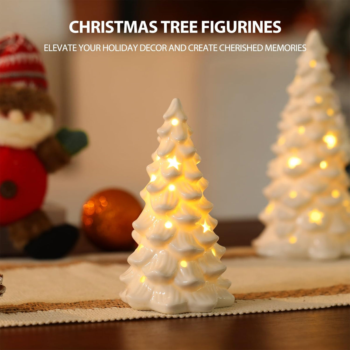 HOMCDALY 2 PCS White Small Christmas Tree with Lights, Mini Christmas Tree for Christmas DÃ©cor, Tabletop Xmas Tree Figurines, Christmas Decorationsï¼ˆCeramicï¼‰