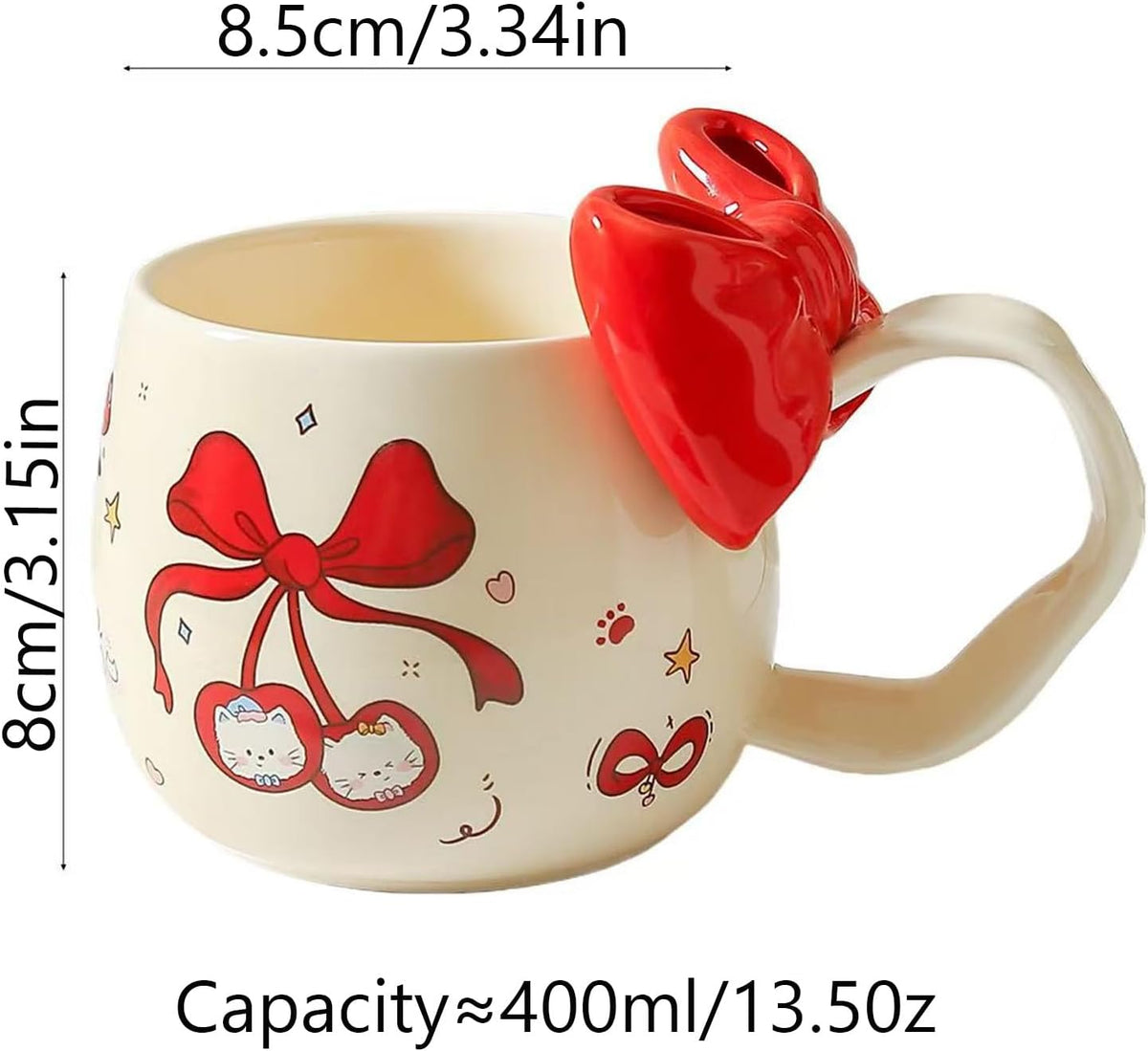Cute Cherry Cat Ceramic Coffee Mugwith 3D Bow & Bow Spoon