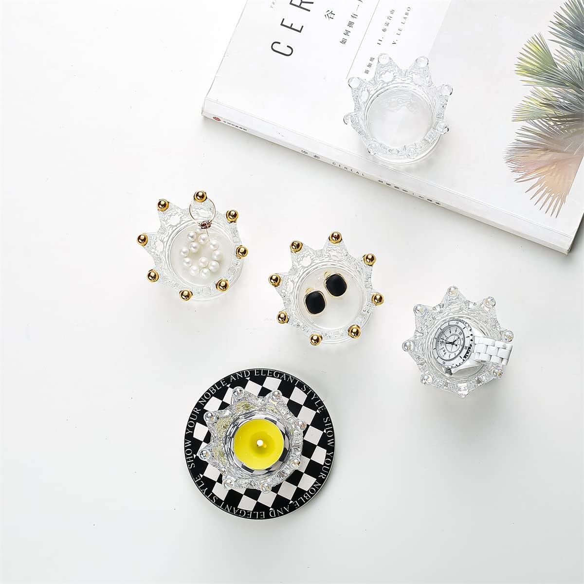 Crystal Glass Candle Holder Sets Crown Shaped for Tealight Candles, Beauty Makeup Blenders and Sponges Storage Rack, Jewelry Watch Organizer, Nail Art Dappen Dish, Wedding Christmas Home Decor
