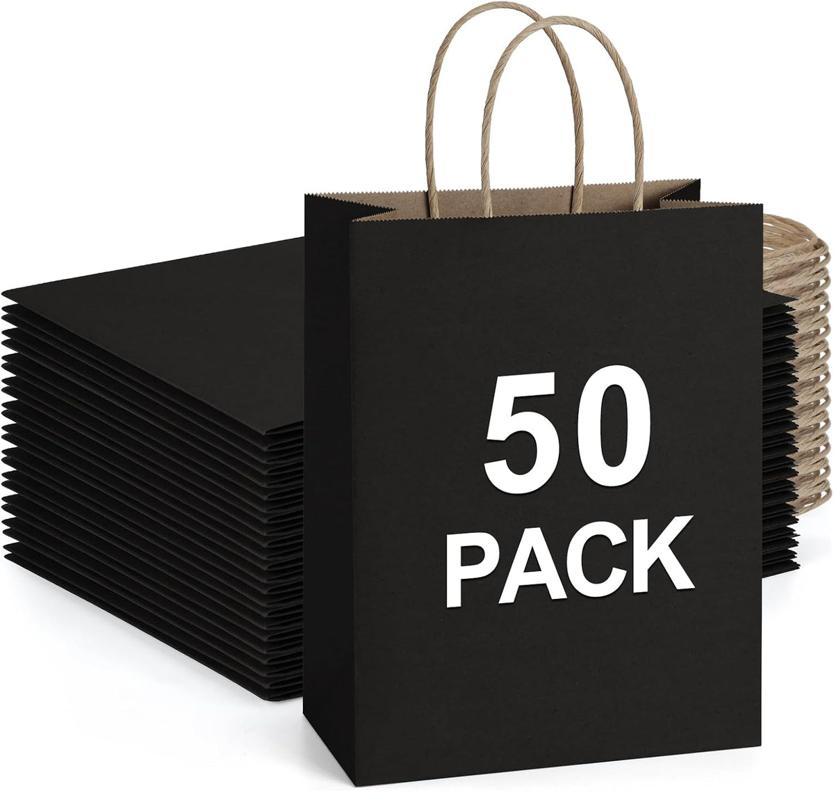 BagDream Medium Gift Bags with Handles 8x4.25x10.5 Inch Black 50 Pack Bulk