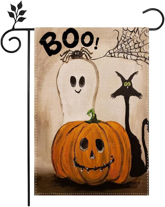 12×18 in Double-Sided Halloween Garden Flag BOO, Black Cat & Ghost Yard Decor | USA Decoration®