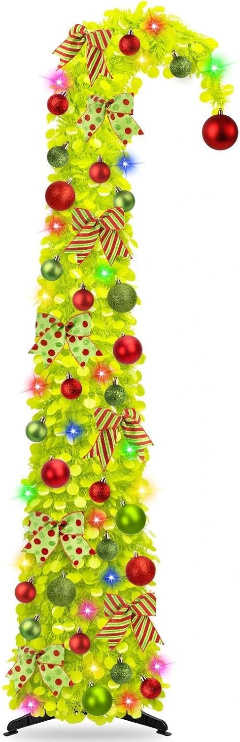 N&T NIETING 6Ft Whimsical Pop Up Christmas Tree with Lights & Hanging Ornaments, Collapsible Bendable Tinsel Tree for Apartment Porch Office Indoor Home Party Holiday Decor