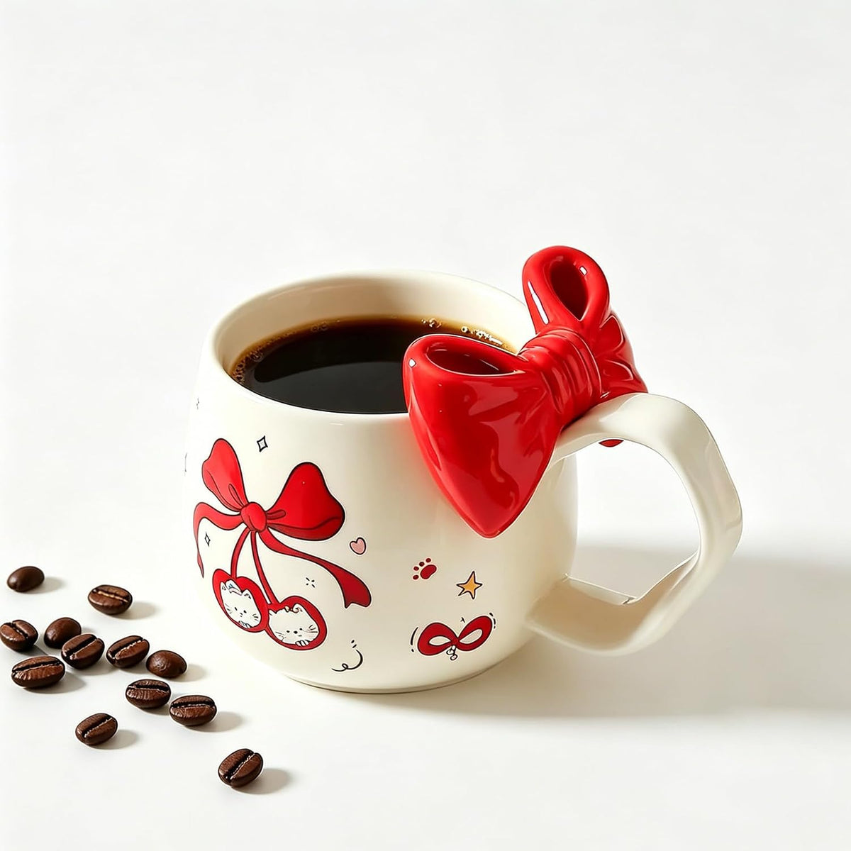 Cute Cherry Cat Ceramic Coffee Mugwith 3D Bow & Bow Spoon