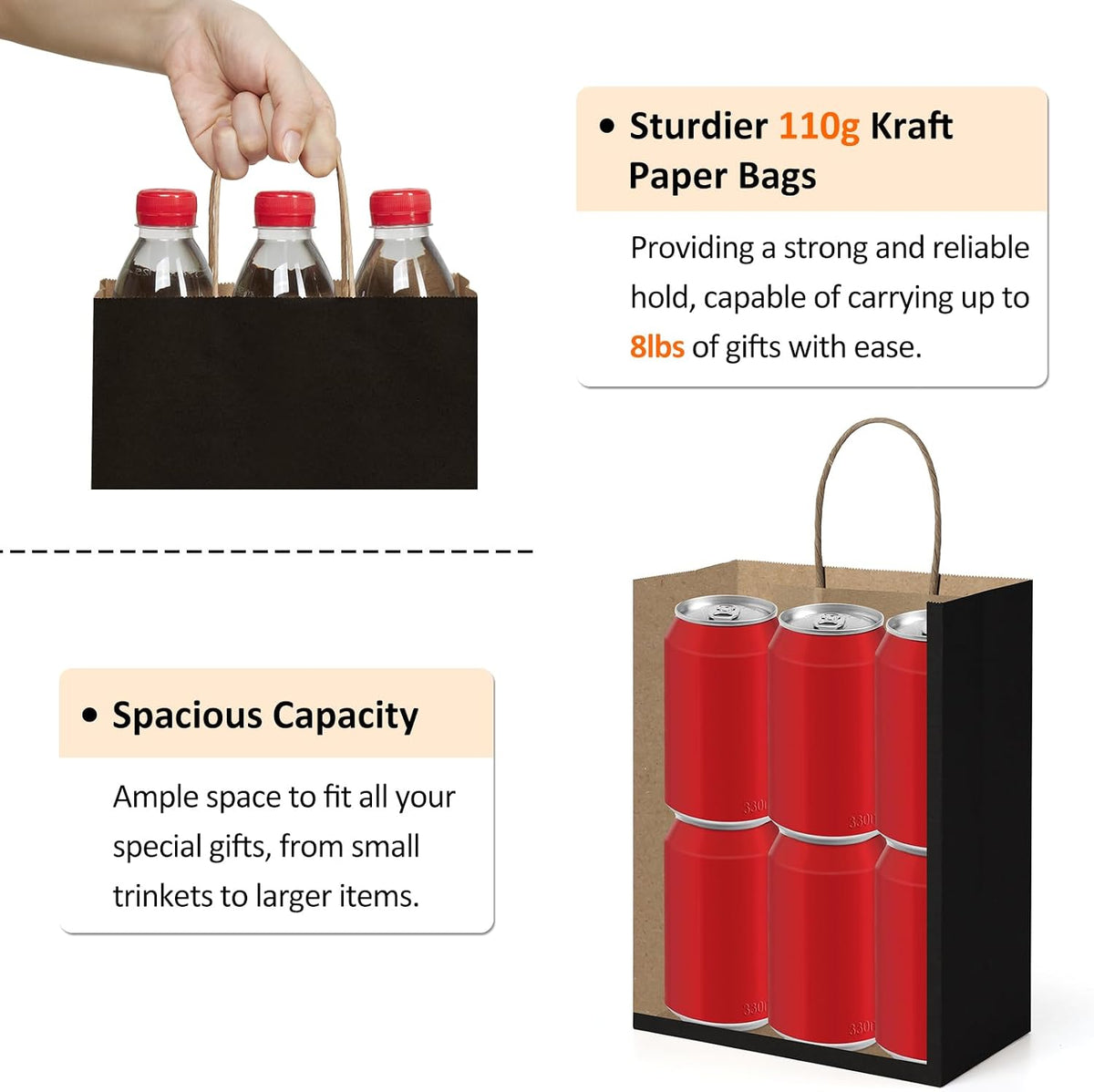 BagDream Medium Gift Bags with Handles 8x4.25x10.5 Inch Black 50 Pack Bulk