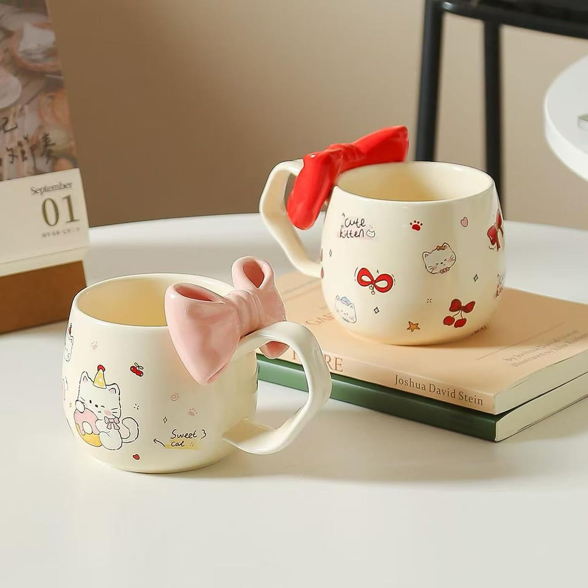 Cute Cherry Cat Ceramic Coffee Mugwith 3D Bow & Bow Spoon