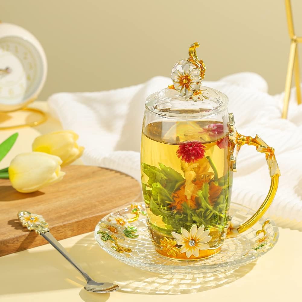 Floral Yellow 12oz Hand Painted Glass Teacup with Lid, Spoon & Saucer - Gift for Mom, Teacher, Lovers - Christmas, Valentine's Day, Mother's Day