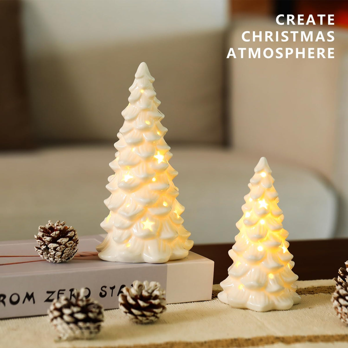HOMCDALY 2 PCS White Small Christmas Tree with Lights, Mini Christmas Tree for Christmas DÃ©cor, Tabletop Xmas Tree Figurines, Christmas Decorationsï¼ˆCeramicï¼‰