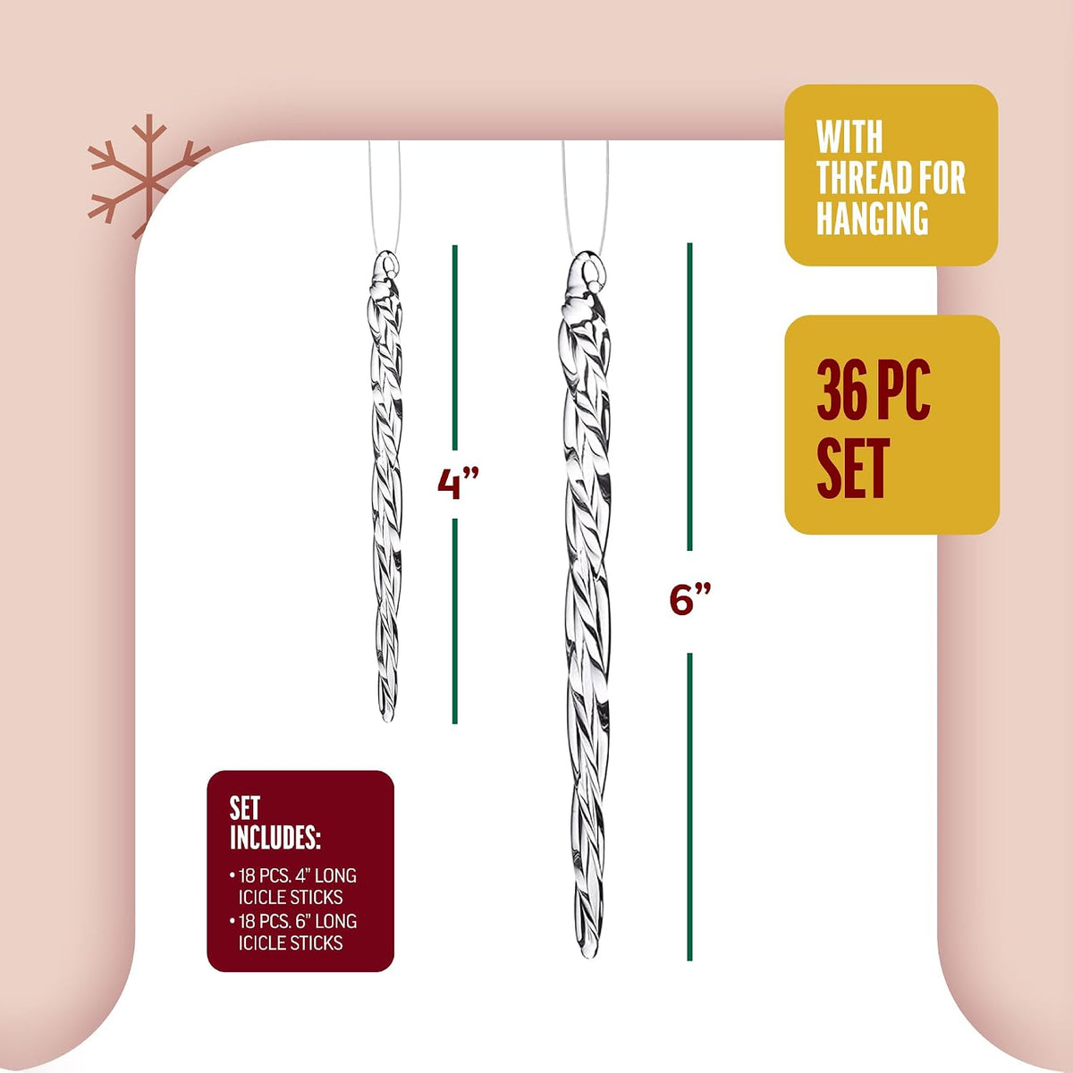 Klikel Glass Icicle Ornaments - Winter Decorations for Christmas Tree - Total 36 Hanging Ornaments - 18 4" and 18 6"