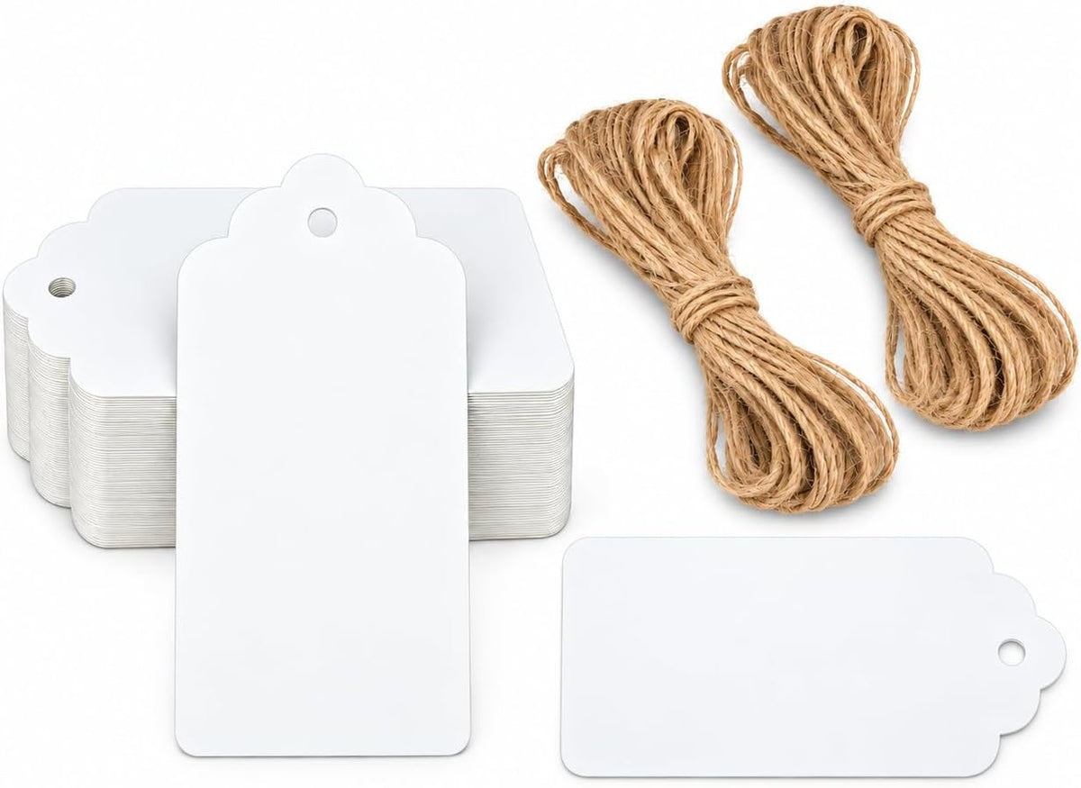 G2PLUS 100PCS White Gift Tags with String, 2 x 4 Inches Blank Paper Tag