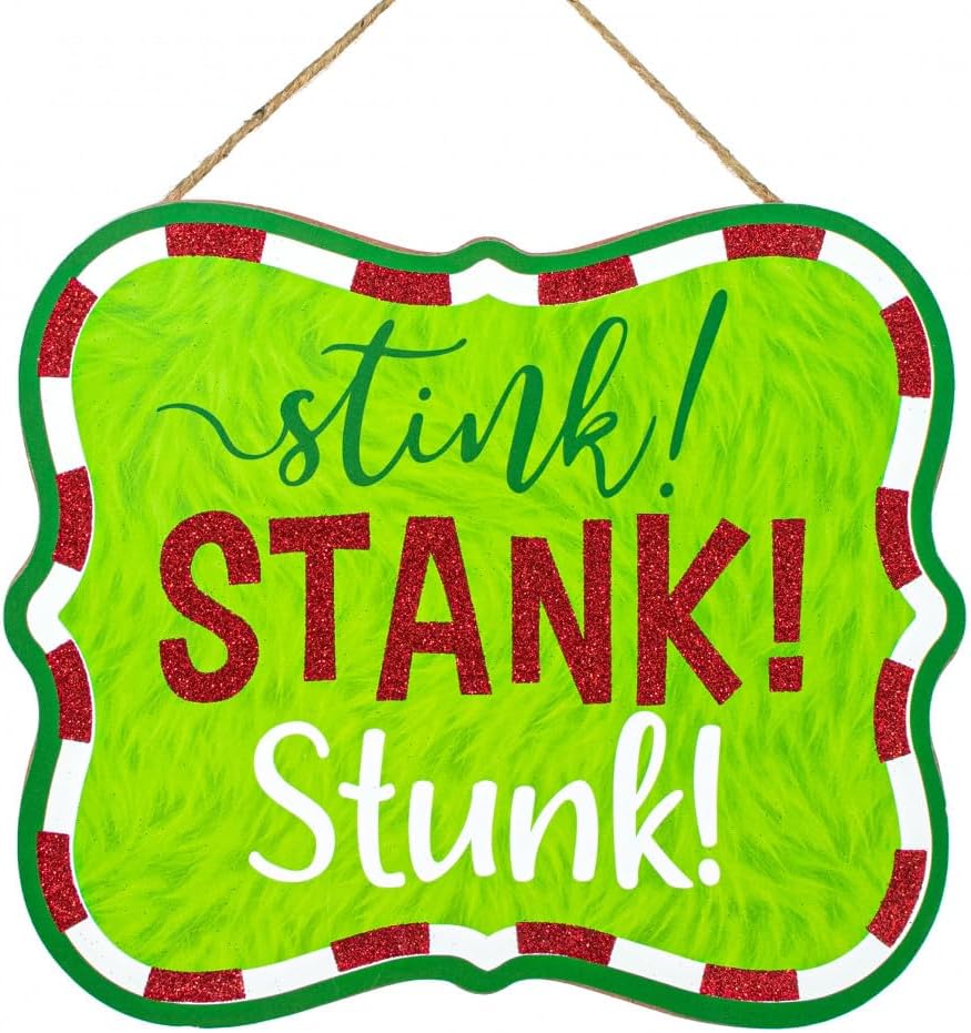 Craig Bachman Stink Stank Stunk 10.5" Wooden Sign/Door Hanger For Christmas Wreath Accents, Crafts, and Wall Decorations - Lime Green, Red, White