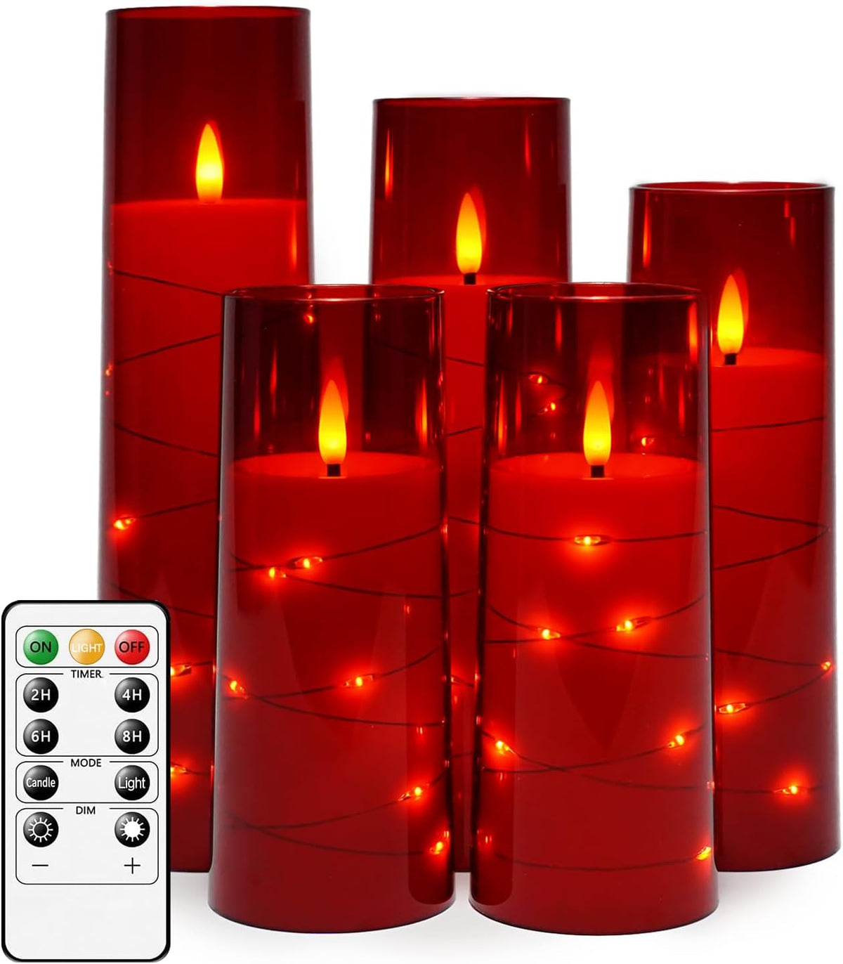 kakoya Flameless LED Candles with Timer 5 Pc Flickering Flameless Candles for Romantic Ambiance and Home Decoration Stable Acrylic Shell,with Embedded Star Stringï¼ŒBattery Operated Candlesï¼ˆRedï¼‰