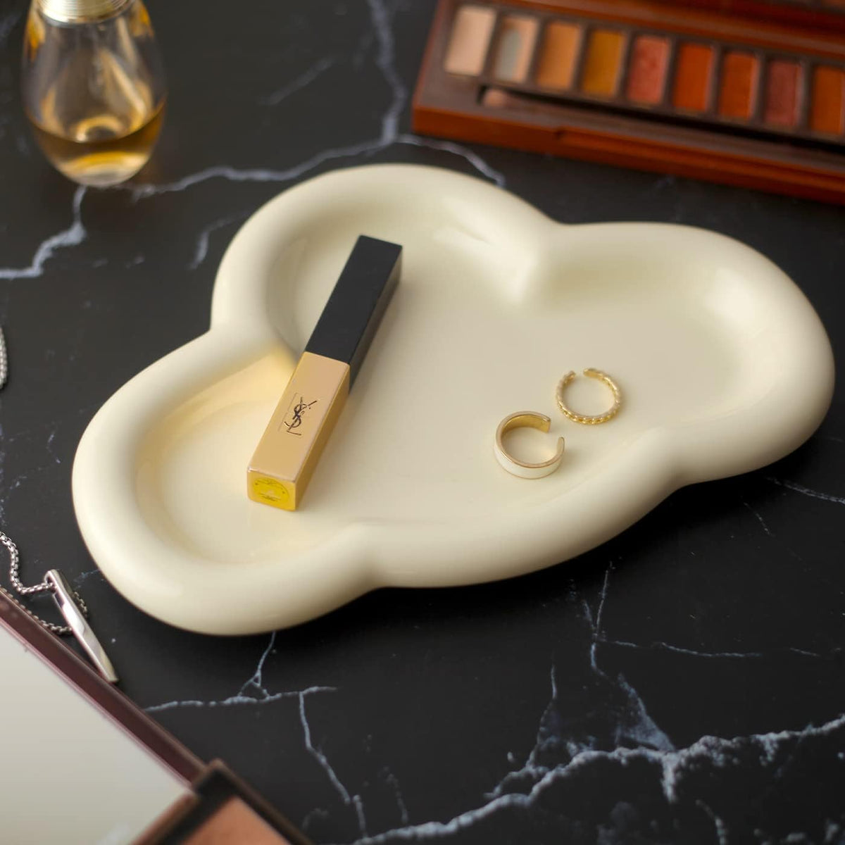 Jewelry Dish Trinket Tray for Women, Ring Holder, Unique Cloud Shape Ceramic Plate Cute Things Vanity Aesthetic Room Decor Mother's Day Birthday Christmas Warm House Gifts (CrÃ¨me) (JT001)