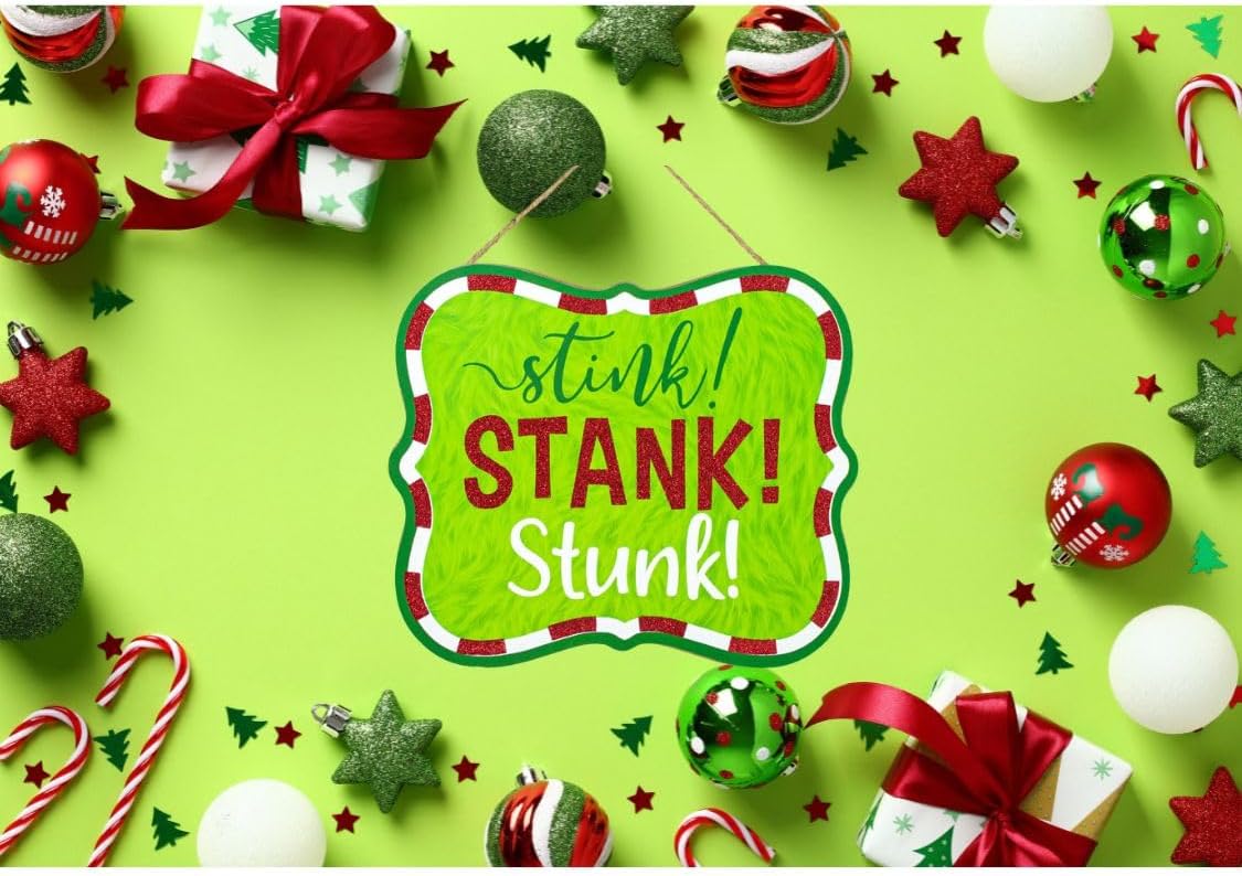 Craig Bachman Stink Stank Stunk 10.5" Wooden Sign/Door Hanger For Christmas Wreath Accents, Crafts, and Wall Decorations - Lime Green, Red, White