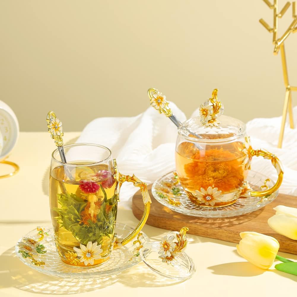 Floral Yellow 12oz Hand Painted Glass Teacup with Lid, Spoon & Saucer - Gift for Mom, Teacher, Lovers - Christmas, Valentine's Day, Mother's Day
