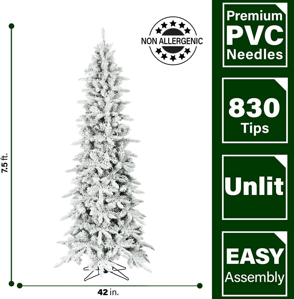 Fraser Hill Farm 7.5-Ft Slim Mountain Pine Snow Flocked Christmas Tree