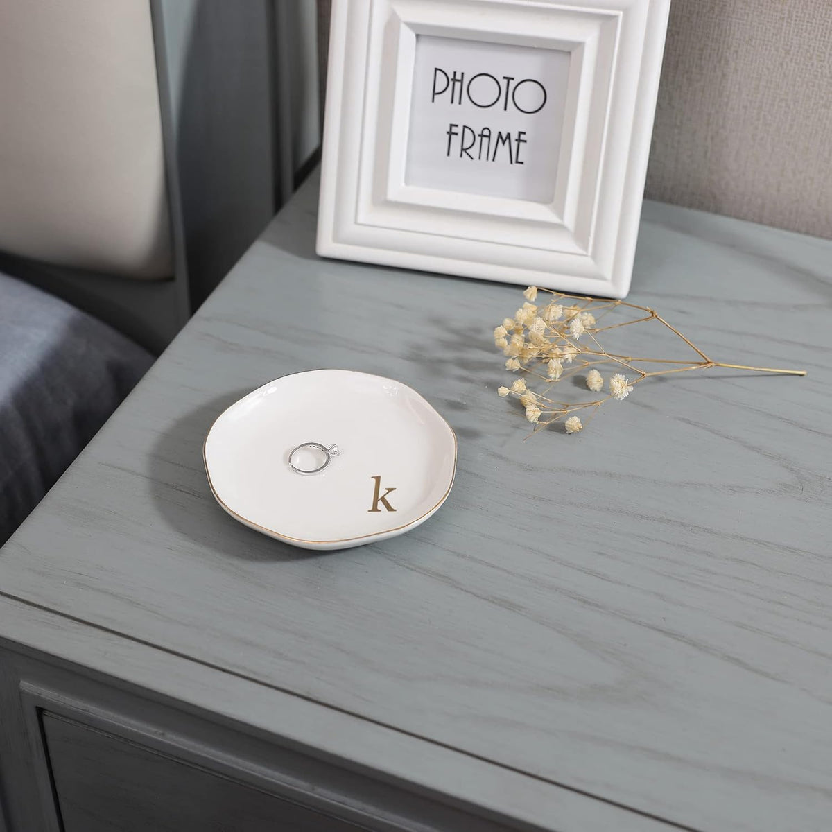 Initials Ring Dish Jewery Tray with Personalized K-Monogrammed Engagement Wedding Gifts for Friends,Sister,Birthday Christmas Gifts for Women,Ceramic White