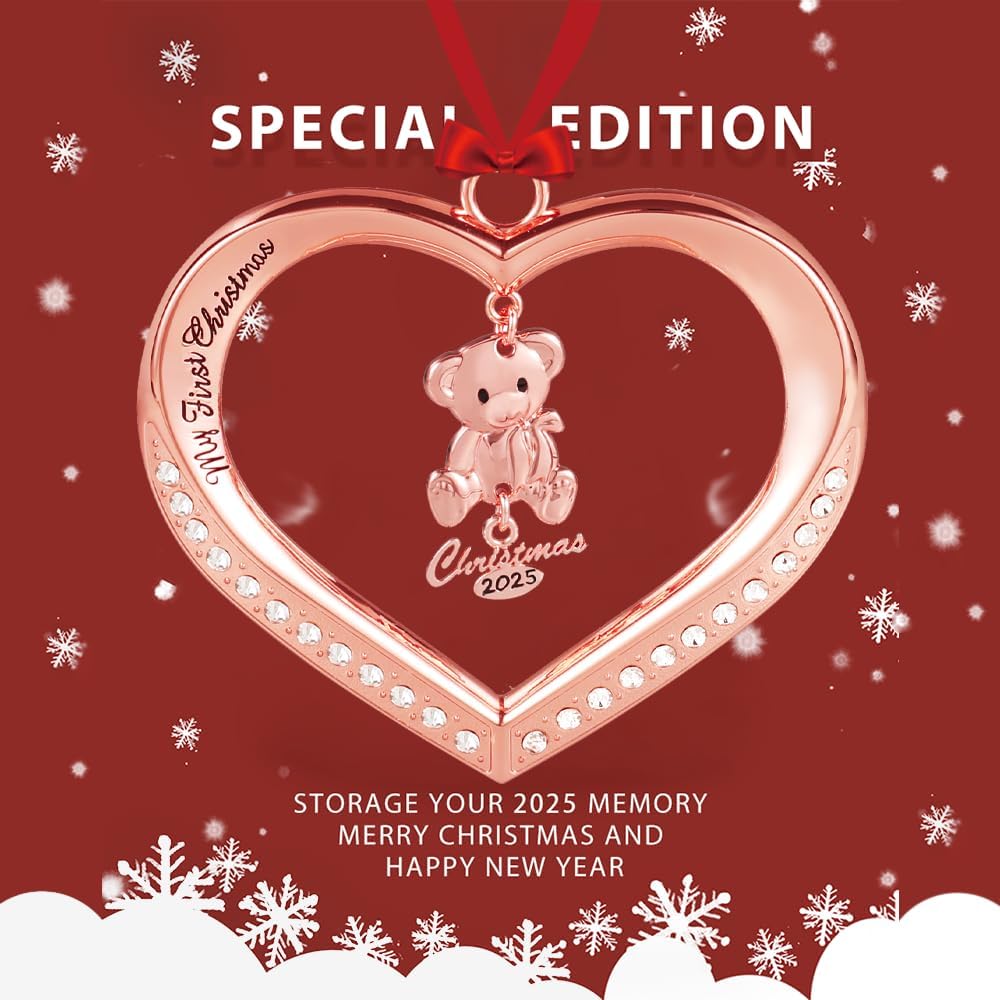 Baby's First Christmas Ornament 2026, Rose Gold Heart with Hanging Teddy Bear Christmas Ornament, Babies Christmas Ornament Engraved My First Christmas 2026, Baby Ornament 2026 with Gift Box