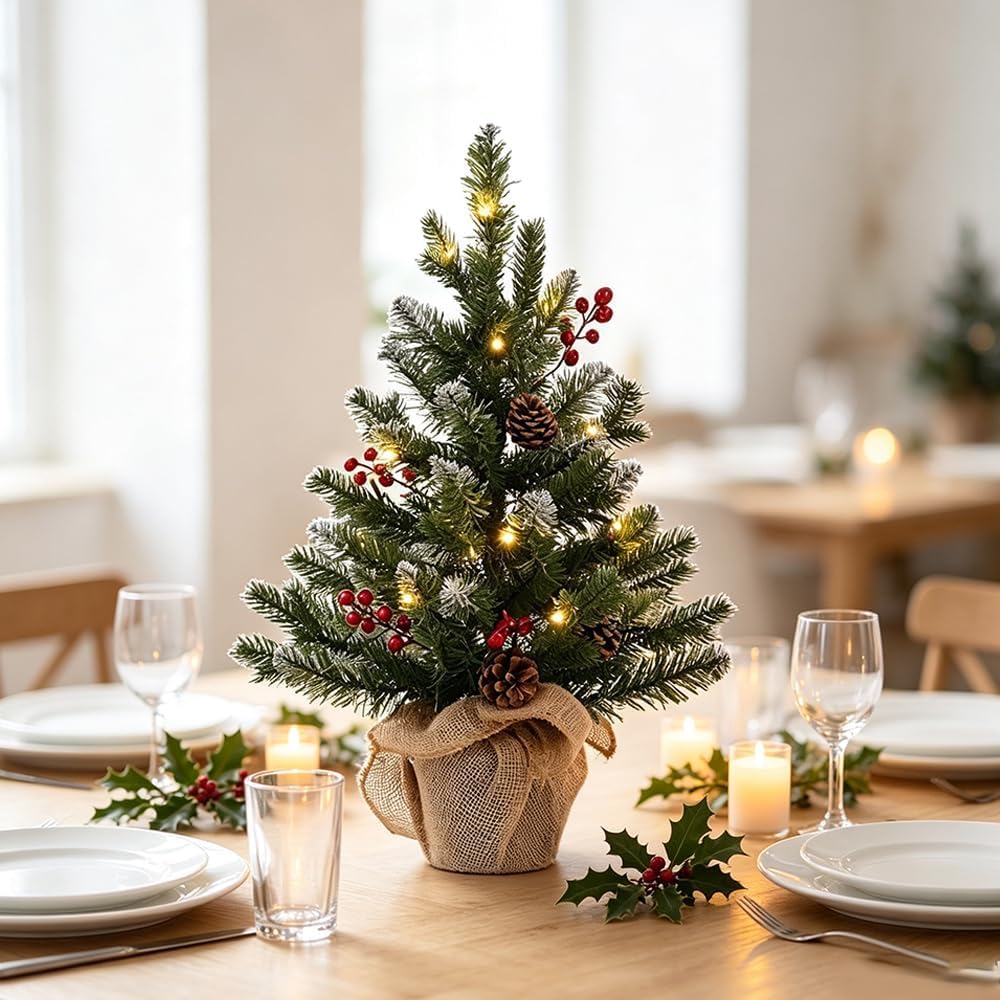 MEETYAMOR 2 FT Mini Christmas Tree, 24" PE Prelit Small Artificial Tabletop Snow Flocked Christmas Trees Decor with 20 Lights Timer, Outdoor Indoor Porch Table Centerpieces Xmas Christmas Decorations