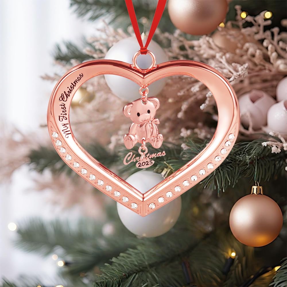 Baby's First Christmas Ornament 2026, Rose Gold Heart with Hanging Teddy Bear Christmas Ornament, Babies Christmas Ornament Engraved My First Christmas 2026, Baby Ornament 2026 with Gift Box