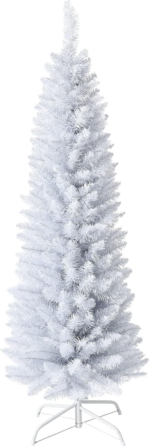 5FT White Pencil Christmas Tree, Artificial Christmas Tree w/Premium PVC Needles, Pine Tree w/Solid Metal Stand, Ideal for Home, Office, Shops, Holiday Decoration