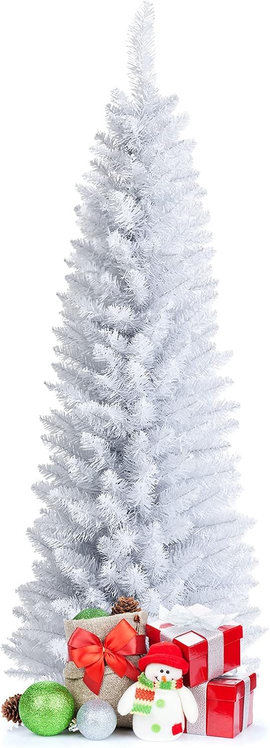 5FT White Pencil Christmas Tree, Artificial Christmas Tree w/Premium PVC Needles, Pine Tree w/Solid Metal Stand, Ideal for Home, Office, Shops, Holiday Decoration