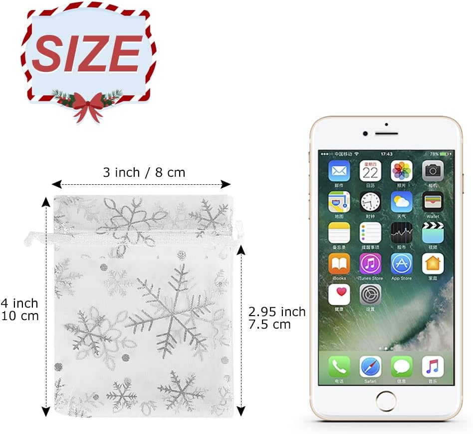 HRX Package 100pcs Snowflake Organza Gift Bags Christmas 3x4 inch, Small White Mesh Jewelry Pouches Little Drawstring Candy Bags