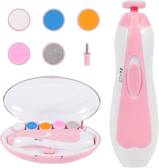 Electric Baby Nail Trimmer 6-in-1 (Pink) Quiet Motor, LED Light & 6 Replaceable Grinding Heads for Newborn, Toddler & Adult Nails