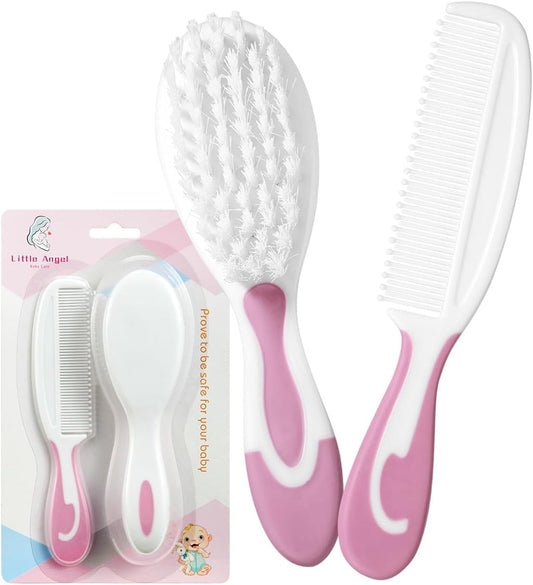 Baby Hair Brush & Comb Set Soft Bristles & Rounded Comb, Ideal Baby Registry Gift (Pink)