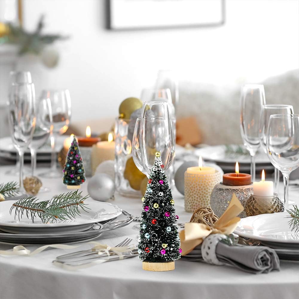 Winlyn 3 Pack Artificial Mini Tabletop Christmas Trees Tiny Frosted Bottle Brush Trees Decorated Small Sisal Trees with White Snow and Colorful Beads Winter Holiday Miniature DÃ©cor Assorted Sizes