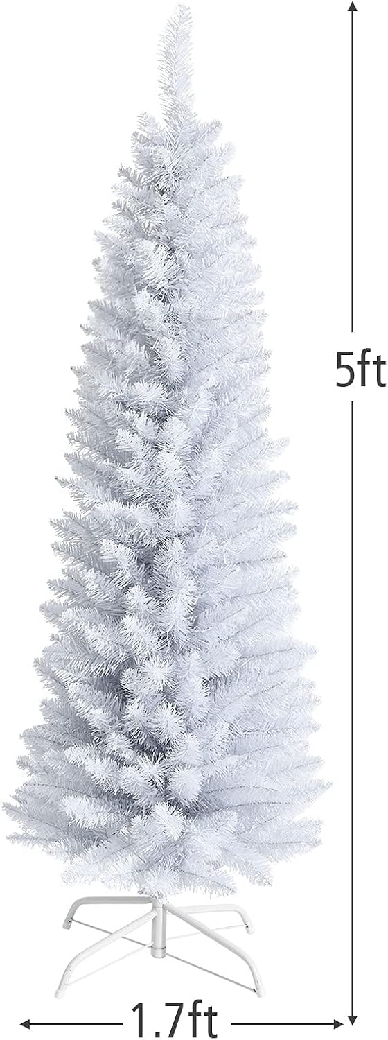 5FT White Pencil Christmas Tree, Artificial Christmas Tree w/Premium PVC Needles, Pine Tree w/Solid Metal Stand, Ideal for Home, Office, Shops, Holiday Decoration