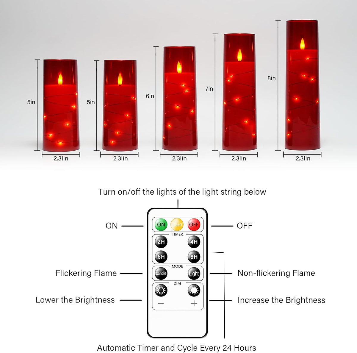 kakoya Flameless LED Candles with Timer 5 Pc Flickering Flameless Candles for Romantic Ambiance and Home Decoration Stable Acrylic Shell,with Embedded Star Stringï¼ŒBattery Operated Candlesï¼ˆRedï¼‰
