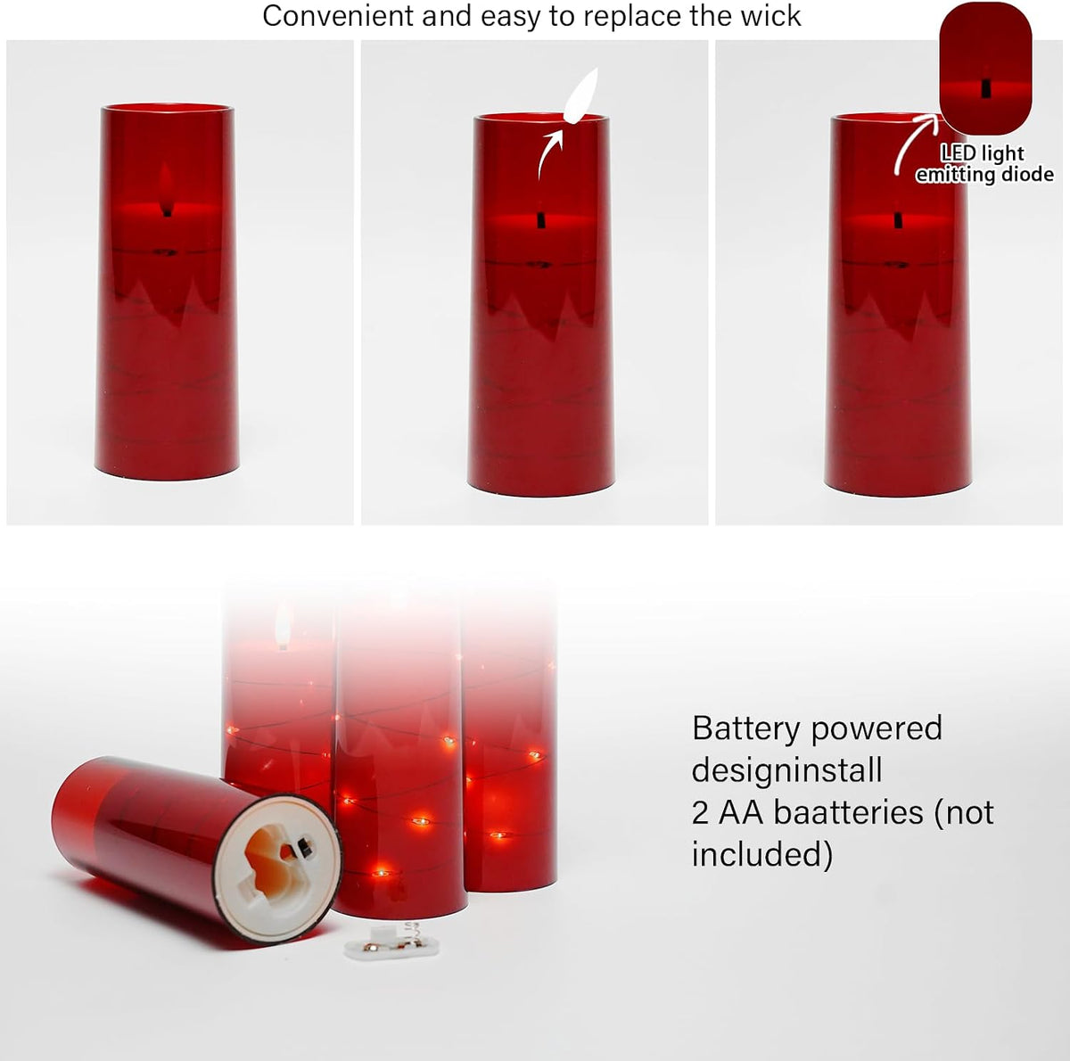 kakoya Flameless LED Candles with Timer 5 Pc Flickering Flameless Candles for Romantic Ambiance and Home Decoration Stable Acrylic Shell,with Embedded Star Stringï¼ŒBattery Operated Candlesï¼ˆRedï¼‰