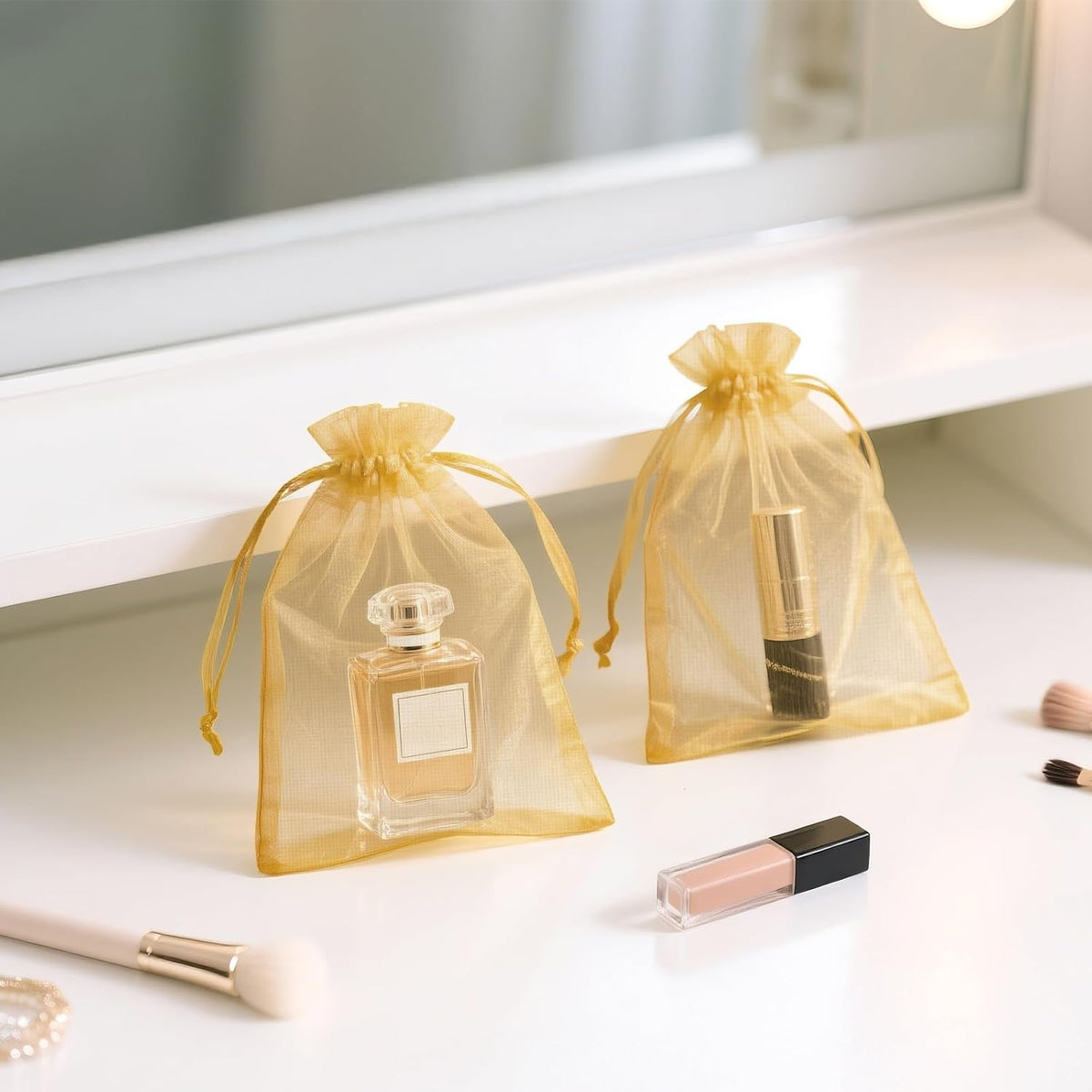 G2PLUS 100PCS Gold Organza Bags, 4x6 in Sheer Mesh Drawstring Bag