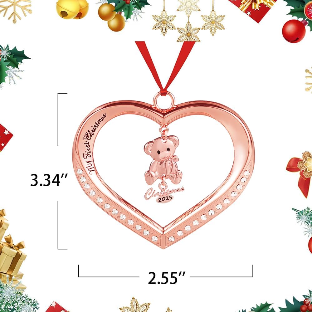 Baby's First Christmas Ornament 2026, Rose Gold Heart with Hanging Teddy Bear Christmas Ornament, Babies Christmas Ornament Engraved My First Christmas 2026, Baby Ornament 2026 with Gift Box