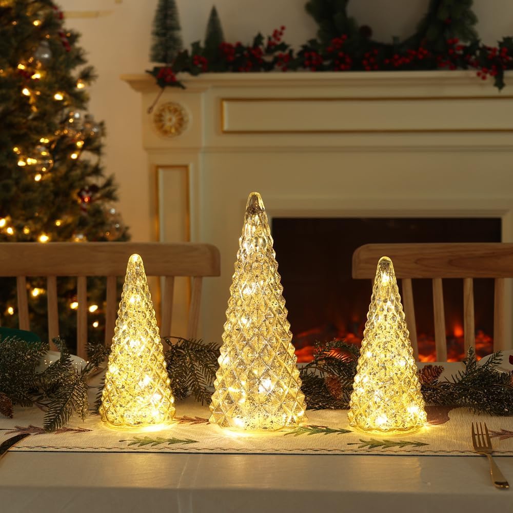 Christmas Decorations Indoor, YEAHOME Set of 3 Pre-lit Gold Glass Christmas Tree for Home Decor, Christmas Table Decorations Lighted Xmas Tree with Timer for Living Room Mantel Tabletop Party