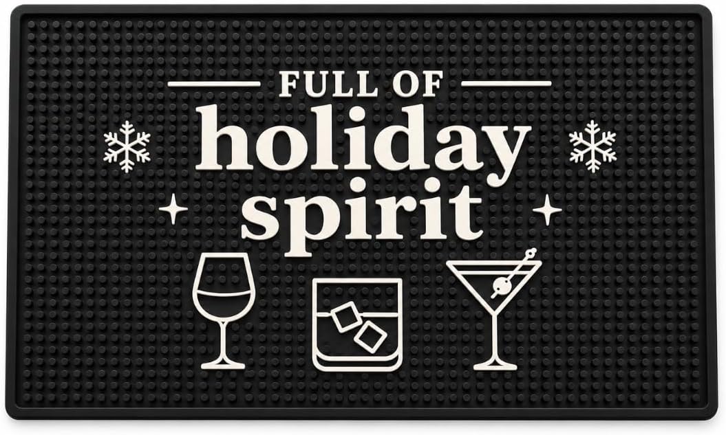 Christmas Bar Mat, Full of Holiday Spirit Bar Cart Decor, 18 x 12 in Rubber
