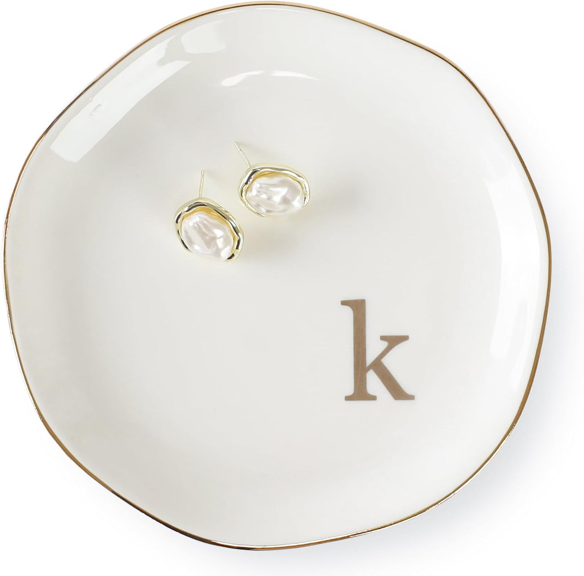 Initials Ring Dish Jewery Tray with Personalized K-Monogrammed Engagement Wedding Gifts for Friends,Sister,Birthday Christmas Gifts for Women,Ceramic White